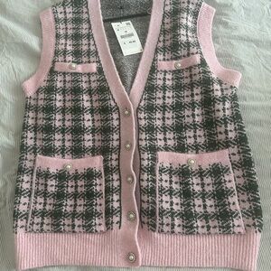 ZARA Pink and Green Plaid Women's Sweater Vest